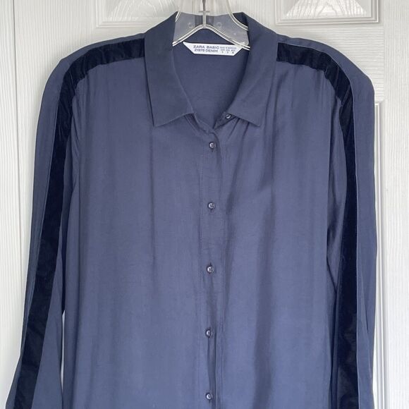 Zara Basic Z1975 Denim Small Shirt Blue Long Sleeve Button Up Velvet Decorative - Picture 1 of 16